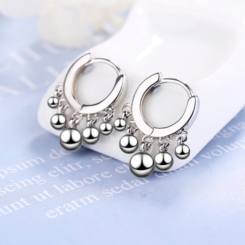 NEW 925 Sterling Silver Bead Hoop Earrings - Picture 2 of 8